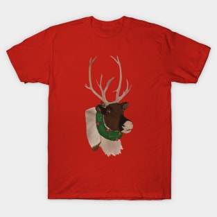 Festive Christmas Reindeer with Wreath and Pine Cones and Holly Berries T-Shirt